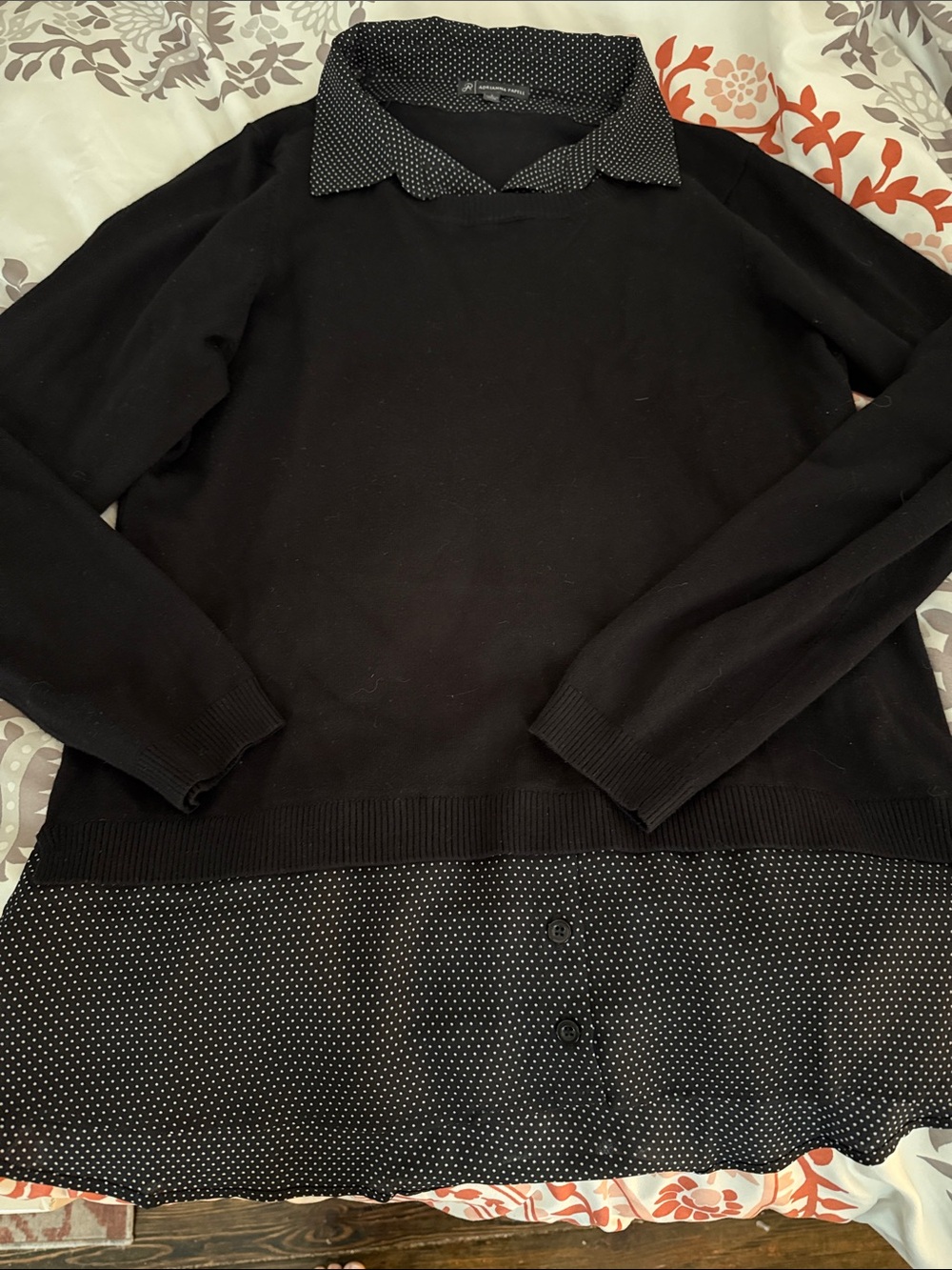 Adrianna Papell Black Layered Crewneck Sweater with Polka Dot Hem